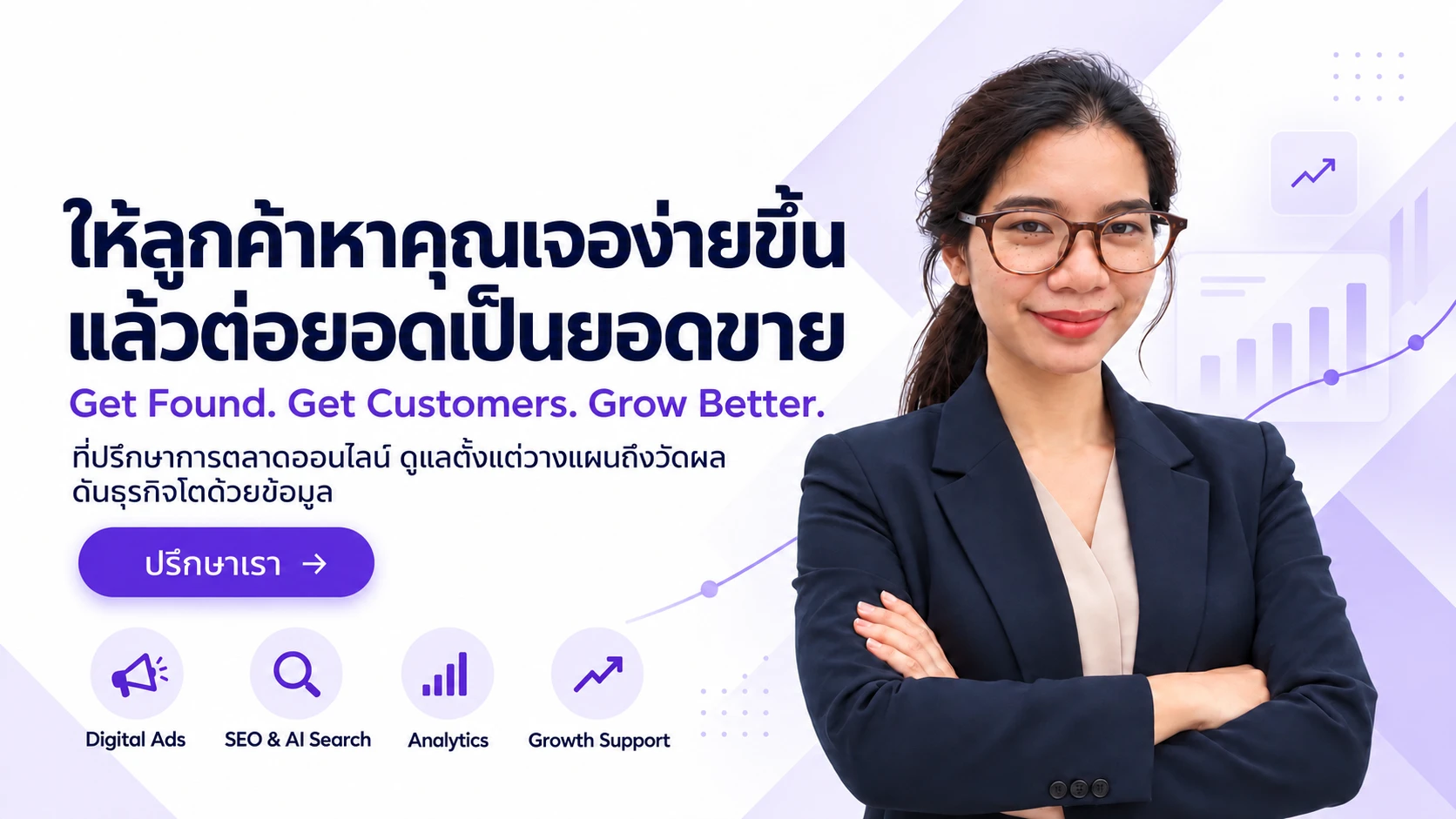 ให้ลูกค้าหาคุณเจอง่ายขึ้น แล้วต่อยอดเป็นยอดขาย · Get Found. Get Customers. Grow Better. วิกกี้ ผู้ก่อตั้ง Adscraft Digital